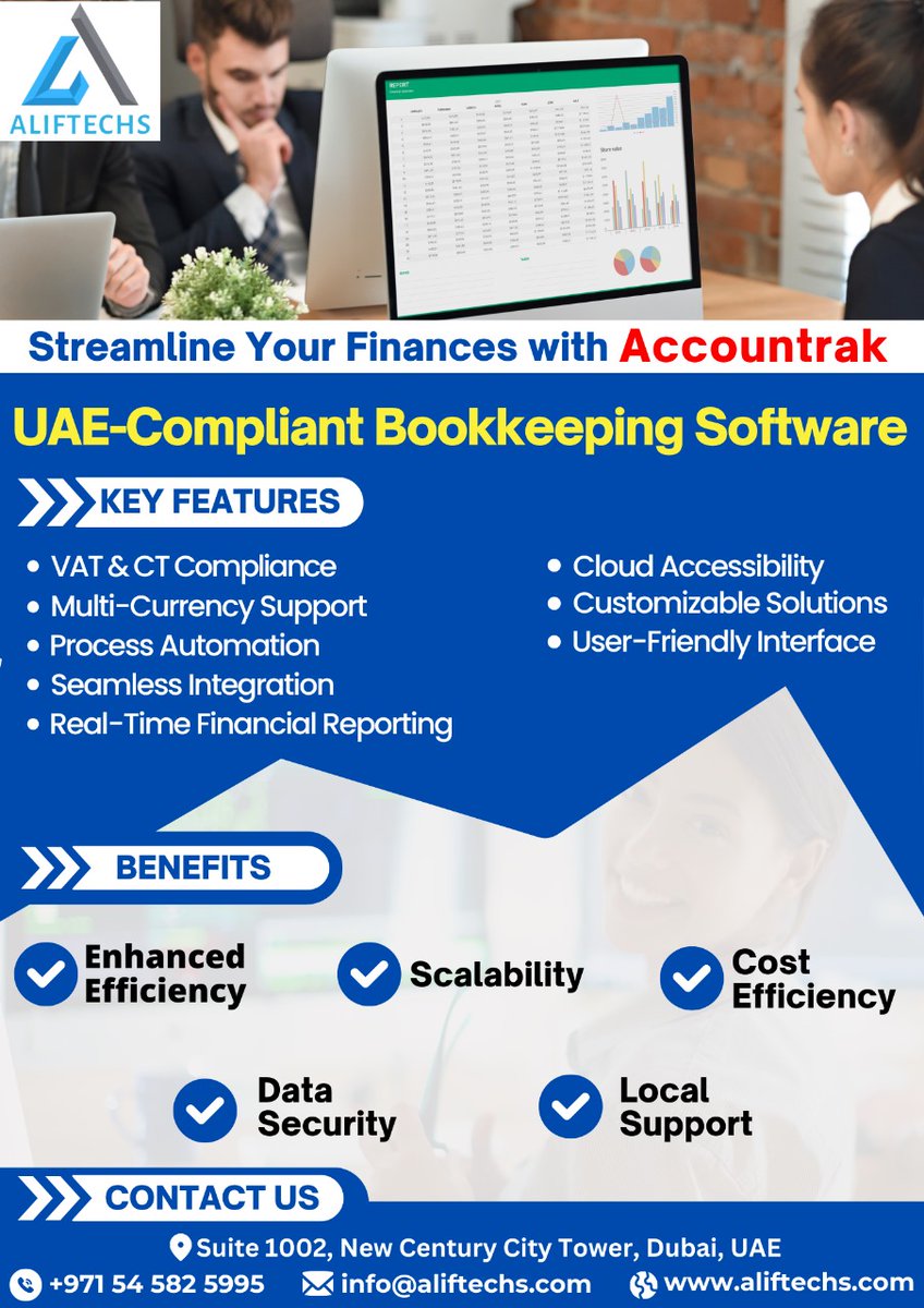 AlifTechsUAE's tweet photo. Streamline your finances with Accountrak – the UAE-compliant bookkeeping software for VAT, multi-currency, automation, &amp; more. Boost efficiency &amp; security.

#SmartBookkeeping #UAE #FinancialSuccess #EfficientAccounting #DataSecurity https://t.co/eGmLNYVOMr