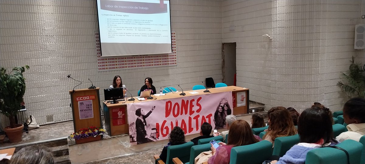CCOOAM's tweet photo. Inspección analiza el empleo con perspectiva de género: el proceso selectivo, la prevención de riesgos, la legalidad de los convenios, los planes igualdad, la infrarrepresentación femenina, ... Pilar Bernabeu Quirante, Inspectora de Trabajo. #25N #PerTotes https://t.co/LD05FKHyKy