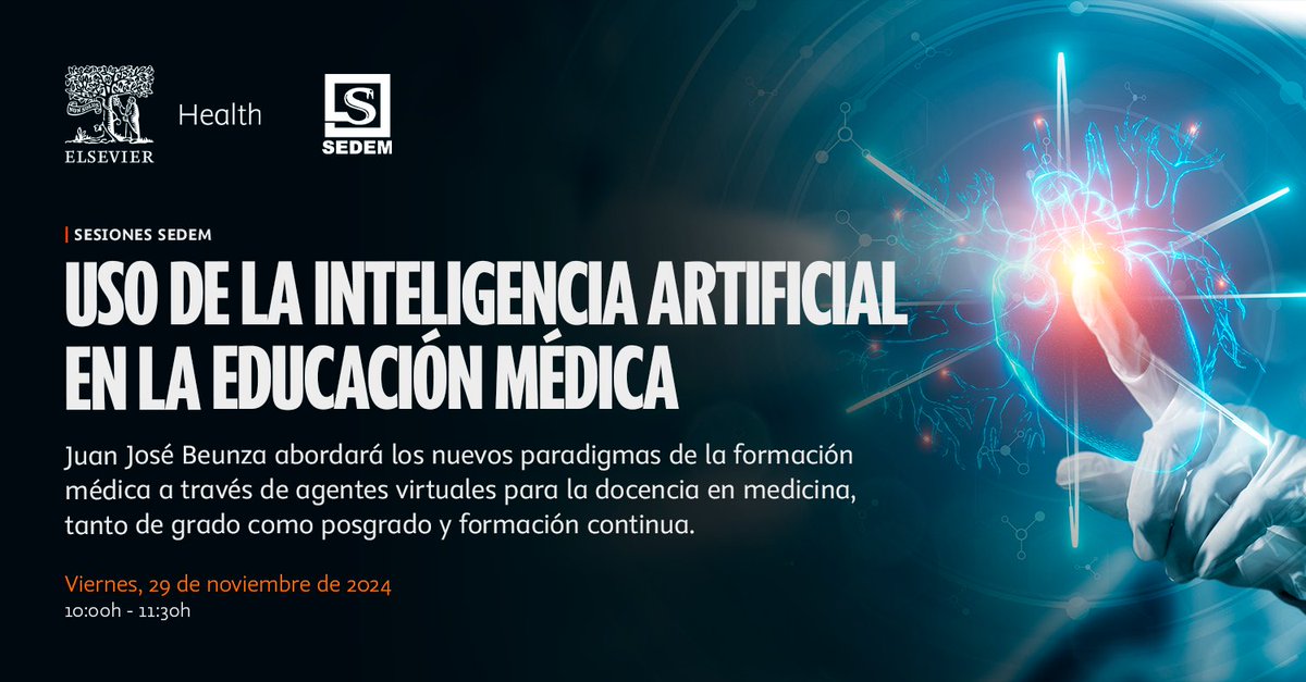 Elsevier_Es's tweet image. 🌟 Nos complace anunciar la participación de Juan José Beunza, autor de Elsevier, en el XXVI Congreso Nacional y II Congreso Internacional de #SEDEM @Sedem_ORG  

📅 Viernes, 29 noviembre
⏲️ 10:00 hrs
🔗 sedem.org/index.php/cong…

Semana #EduMed #sedem2024 #InnovaciónEducativa #IA