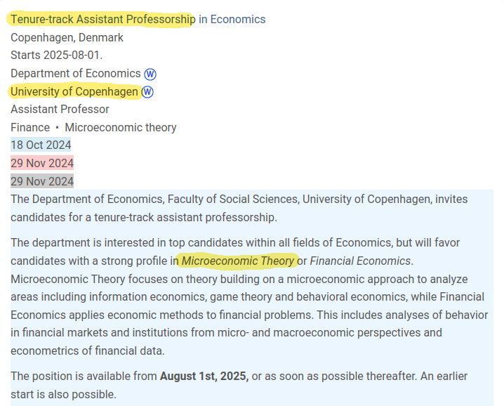 Just one more week left to apply for Tenure-track Assistant Professorship in Microeconomic theory at the University of Copenhagen!