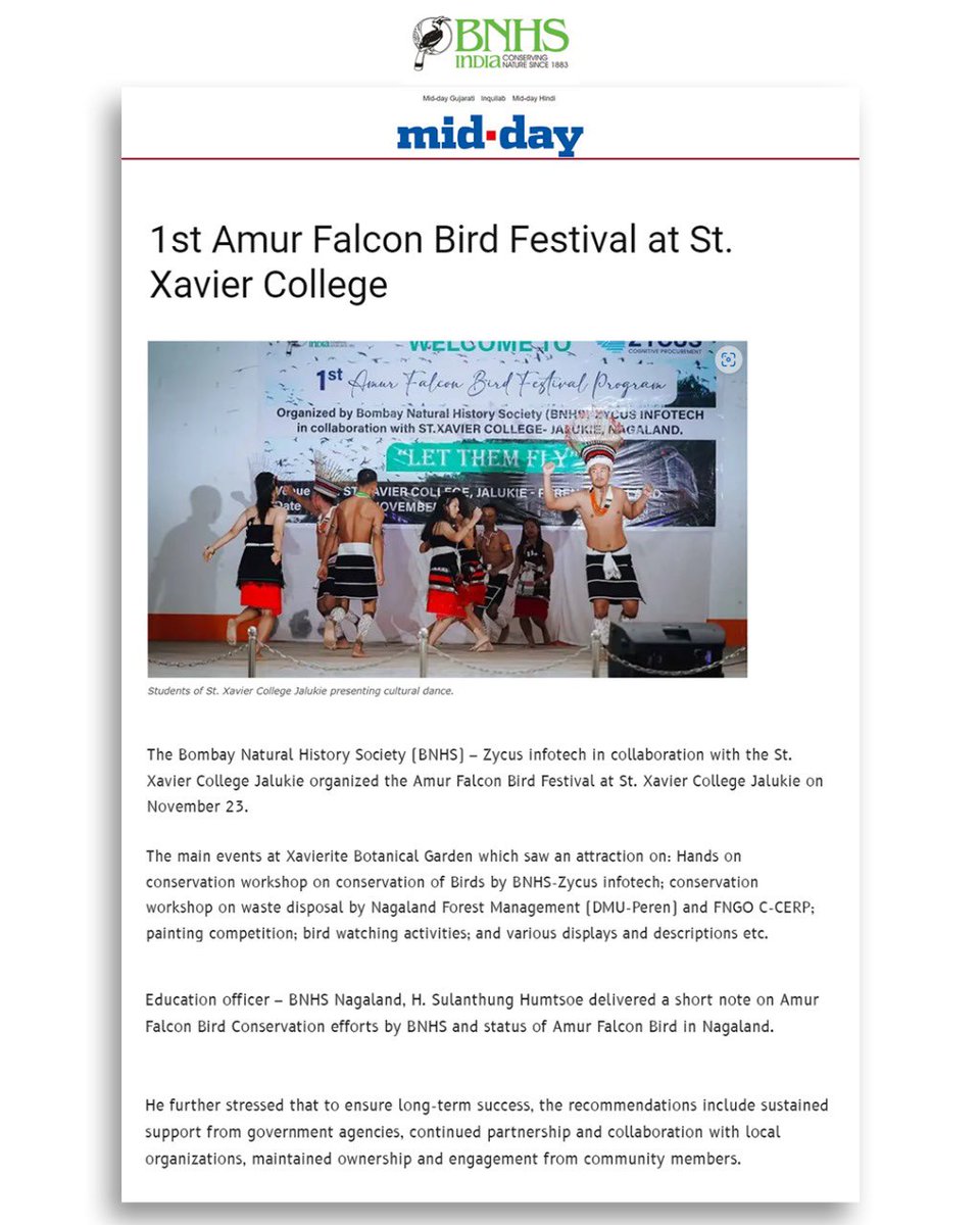 Nagaland’s 1st Amur Falcon Bird Festival at St. Xavier College marks a pivotal step in fostering wildlife conservation and community engagement. 
At BNHS, we celebrate such initiatives that bring together nature and culture for a sustainable future.

#BNHS #AmurFalconFestival