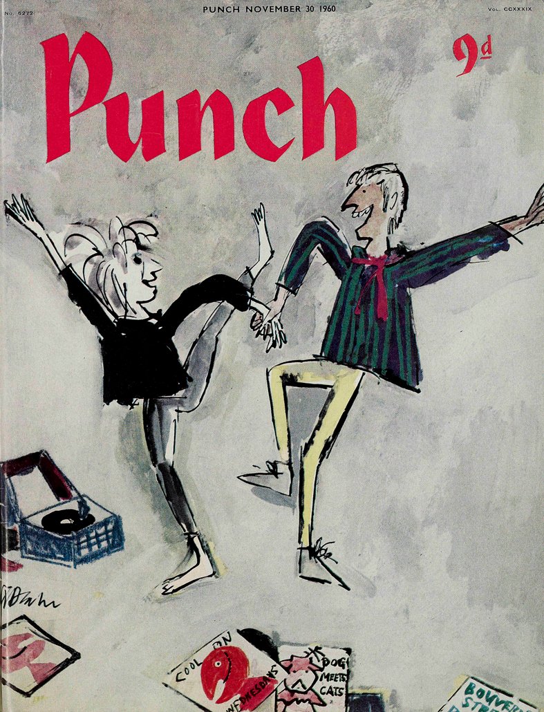 PunchBooks's tweet photo. Today's PUNCH colour cover. Groovy! Quentin Blake 1960 #teens #teenagers #dance #dancing #dancers #records #music #recordplayers #discs #youth #Sixties #retro https://t.co/R5dODX9KlR