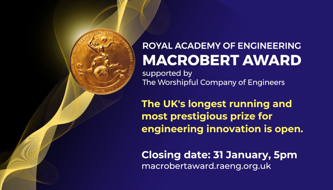 Innovate UK (@innovateuk) on Twitter photo Calling all UK-based #EngineeringInnovators 📢
The #MacRobertAward, run by <a href="/RAEngNews/">Royal Academy of Engineering</a>, honours engineers behind the UK’s most transformative innovations that deliver commercial success & positive societal impact.
Apply by 5pm on 31 January 📆
ow.ly/JXVa50UeGly Calling all UK-based #EngineeringInnovators 📢
The #MacRobertAward, run by <a href="/RAEngNews/">Royal Academy of Engineering</a>, honours engineers behind the UK’s most transformative innovations that deliver commercial success & positive societal impact.
Apply by 5pm on 31 January 📆
ow.ly/JXVa50UeGly