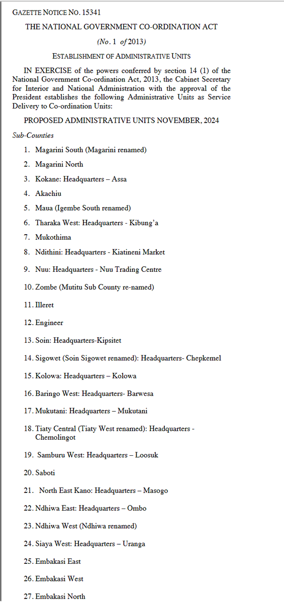 InteriorKE's tweet photo. Necessitated by population growth and to comply with the ministerial 2:1 ratio requirement, we have officially established 578 new administrative units across the country by gazettement.

When operational, the 27 Sub-Counties, 59 Divisions, 170 Locations, and 322 Sub-Locations will improve citizens' access to Government services and effectively address security issues in respective areas.

@MusaliaMudavadi 
@ray_omollo