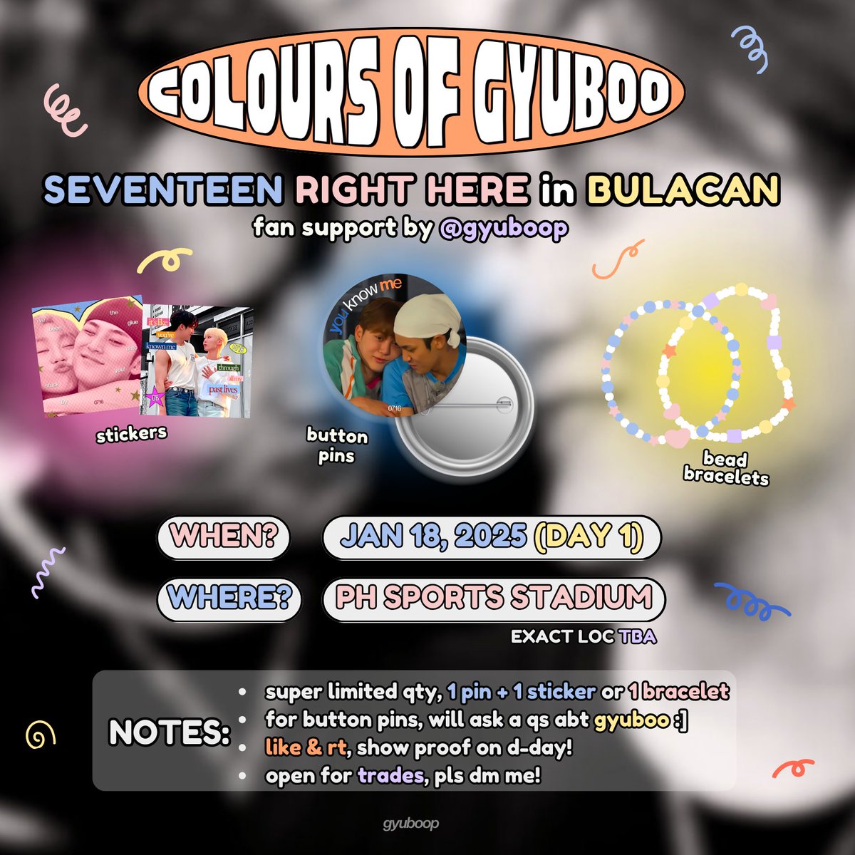⋆.˚ svt right here in bulacan .𖥔˚
#gyuboo fan support by <a href="/gyuboop/">em 🌟</a> 🌟

𖦹 for d-1 only! (january 18)
𖦹 like &amp; rt, show proof on d-day
𖦹 open for trades, pls dm me!
𖦹 read notes below 👇🏻

#SEVENTEEN_RIGHT_HERE_IN_BULACAN