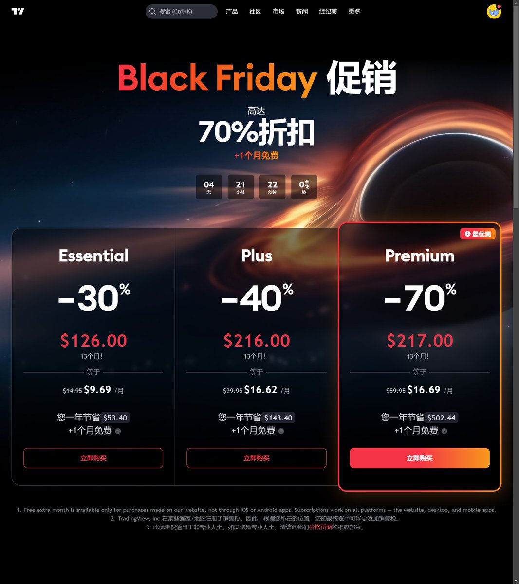 一年一度的@tradingview 黑五折扣又来了，没有传说中的涨价，依然是217U。  去年什么也不懂分B没赚都会买，今年不涨价就没有理由不买了，其实我都不知道自己用到过付费功能没，只是看着