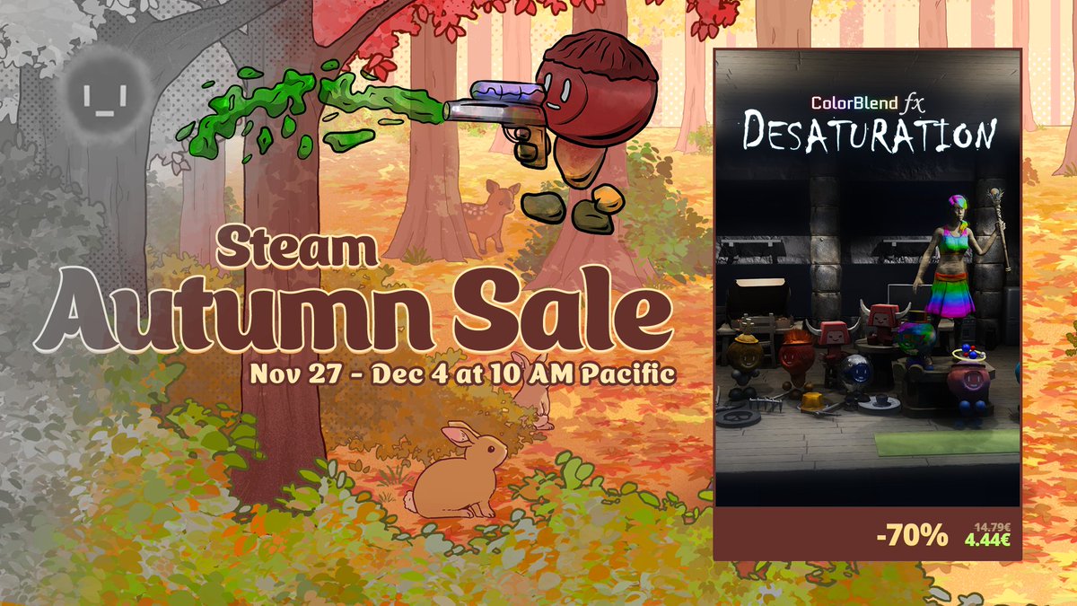 🎮 Restore the world’s colors this Autumn! 🌈

ColorBlend FX: Desaturation is 70% OFF during the Steam Autumn Sale! 🍂 Dive into a unique 2.5D puzzle-platformer filled with physics-based challenges, colorful battles, and an unforgettable story.

🕹️ Join the fight to defeat the