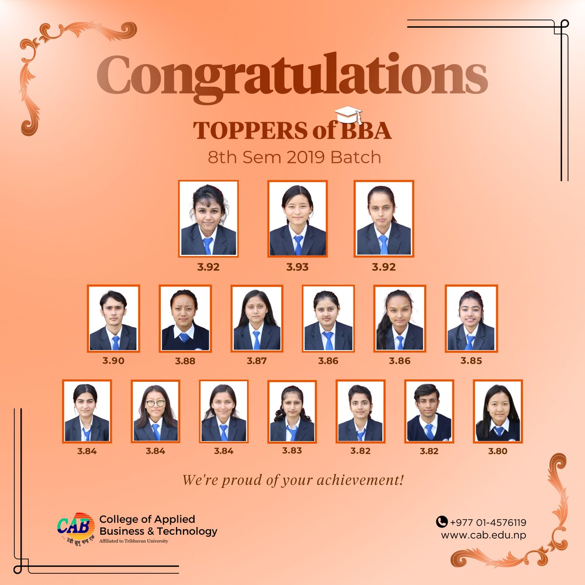 cabtech1998's tweet photo. Congratulations! to the topper of BBA 8th Semester,2019 Batch! Your outstanding board exam results mirror your unwavering dedication to academic brilliance. https://t.co/u1rN4rKhKP