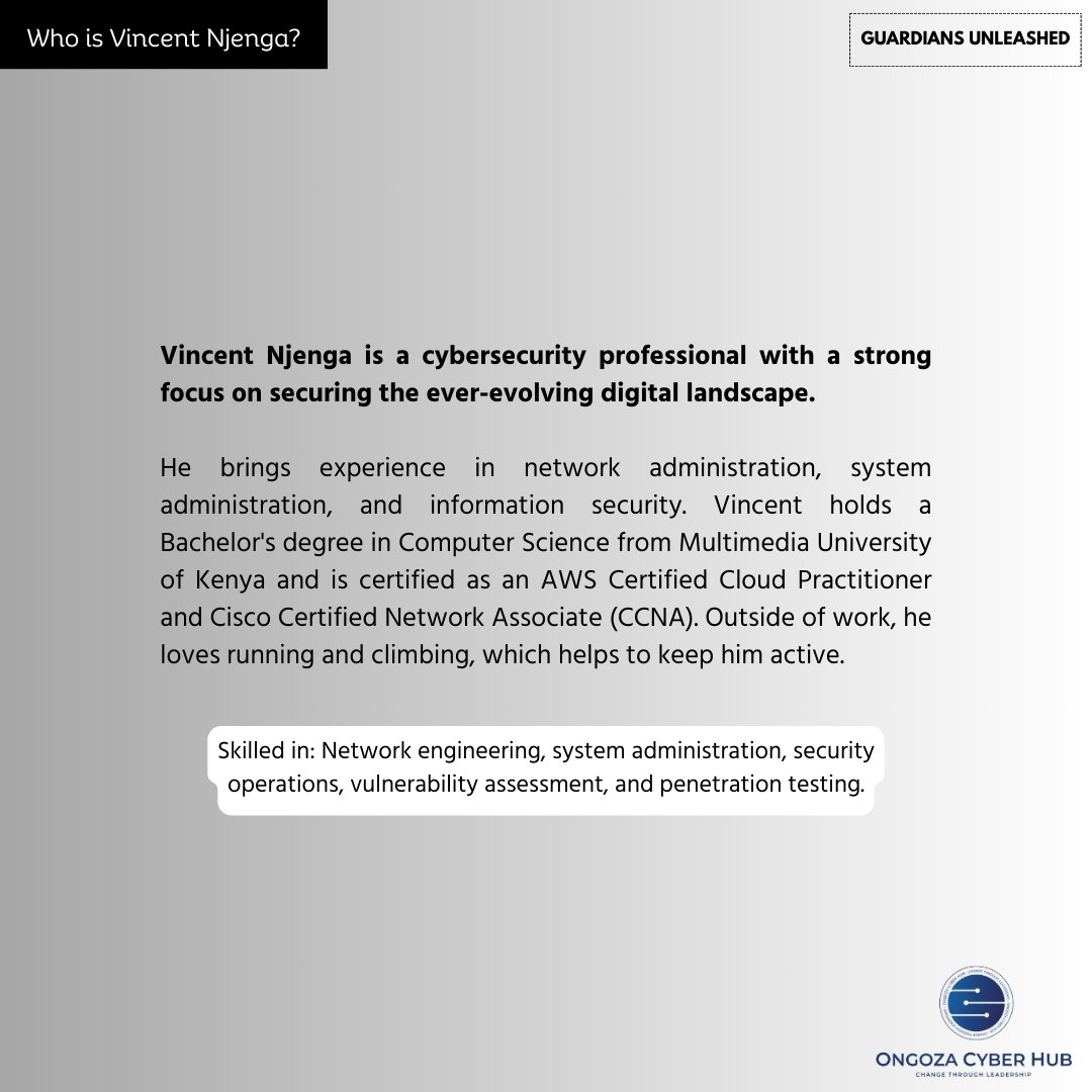 positivesumA's tweet photo. Today's spotlight is on Vincent Njenga, a cybersecurity professional dedicated to securing the ever-evolving digital landscape. With expertise in areas such as network engineering, system admin, and vulnerability assessment, Vincent is a developing force in the world of info sec. https://t.co/8l0cAl6GzL