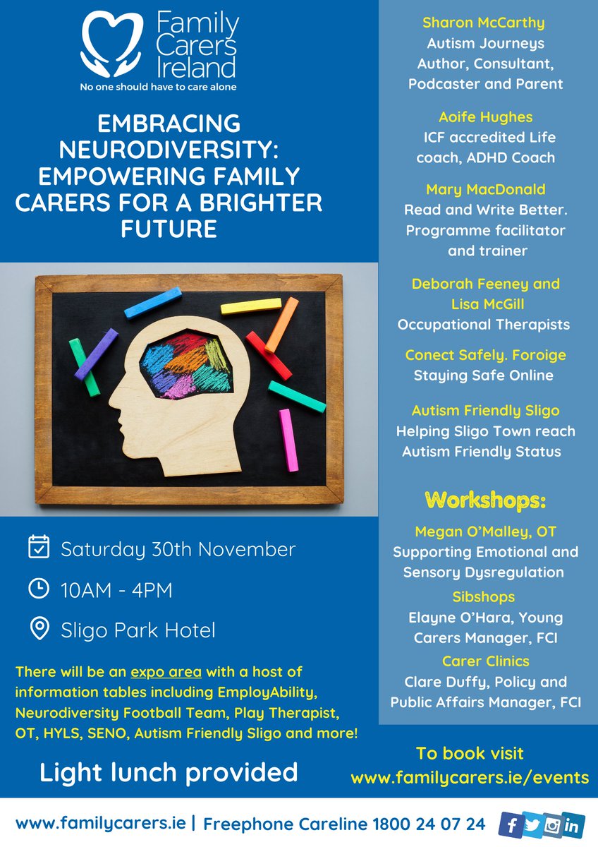 'Embracing Neurodiversity: Empowering Family Carers for a Brighter Future' takes place in the Sligo Park Hotel this Saturday, November 30th. For more info and to book your tickets, please visit eventbrite.ie/e/105953386731…