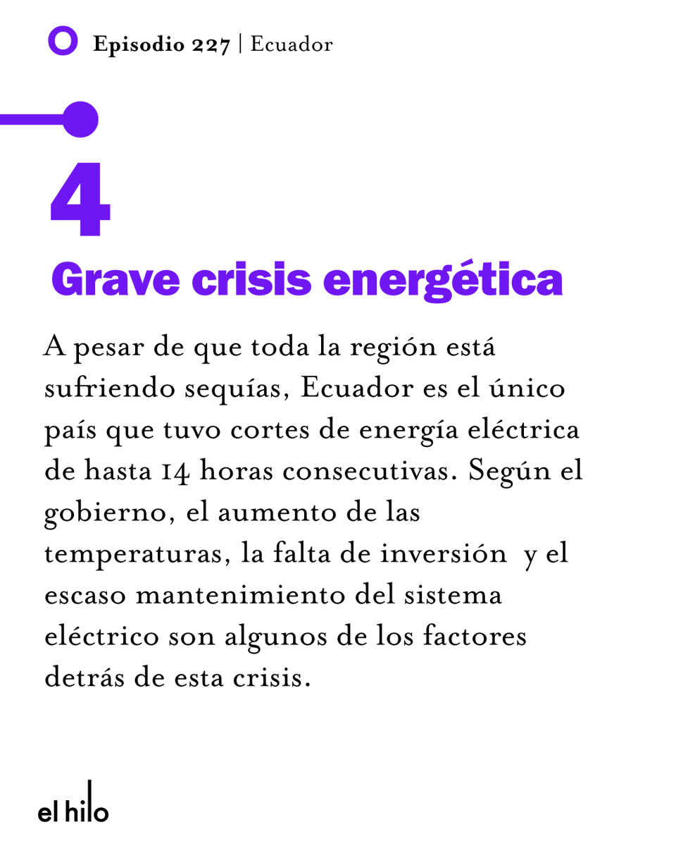 elhilopodcast's tweet photo. Quizás el problema más urgente que enfrenta el presidente de Ecuador, Daniel Noboa, es la crisis energética. ¿Cómo se llegó a que muchas personas tengan hasta 14 horas de corte de luz por día? Te lo contamos en este episodio https://t.co/z4dtEt46fE https://t.co/YhaNhBEhgi