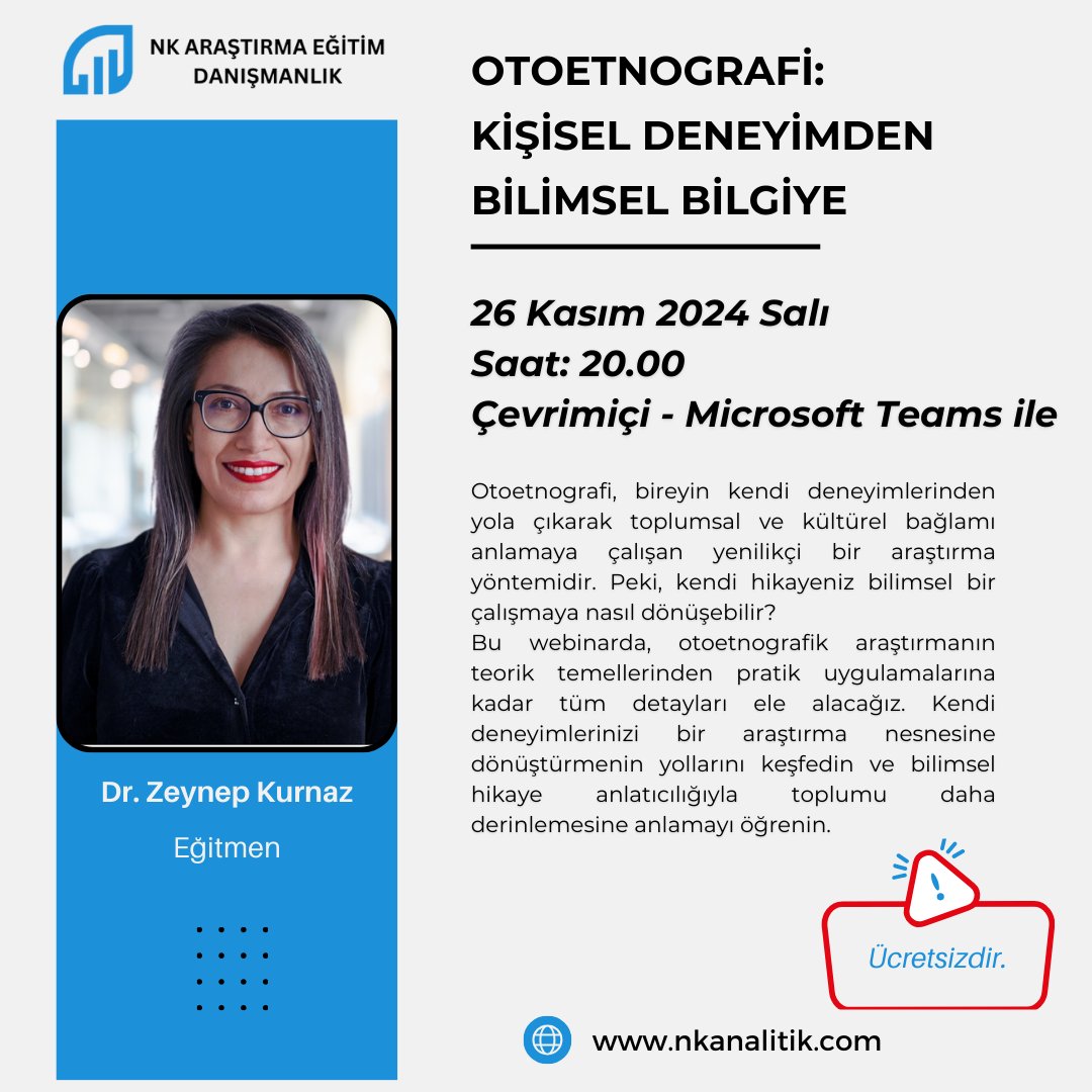 Kendi  hikayenizi akademik bir çalışmaya dönüştürmek ister misiniz? Hikayenizi bilimsel bir keşifin nesnesine nasıl dönüştüreceğinizi konuşacağımız bu semineri kaçırmayın!

Kayıt 👉 nkanalitik.com/urun/nitel-ara…
Takip 👉 <a href="/nk_analitik/">NK Araştırma</a> 

#tez #nitel #PhD #doktora #akademi #otoetnografi