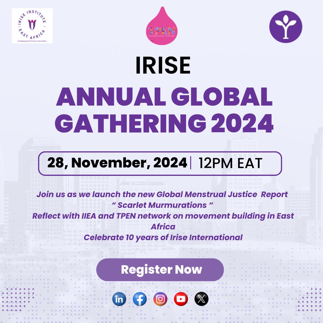 Join the Irise Community for our Annual Global Gathering event as we reflect on the key milestones in the MHH sector. Tune in to listen to the amazing speakers.

Register here🔽 to participate. 
docs.google.com/forms/d/125dLA…