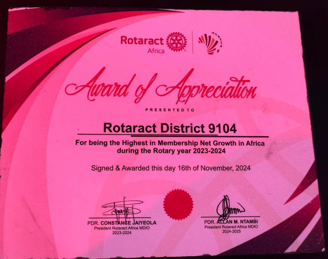 rotaractd9104's tweet photo. 🎉 Proud moments at #RAS24 Uganda! D9104 sweeps awards:

Highest Membership Growth in Africa 23/24
2nd Most Delegates by Country
RP_vanessa: Outstanding Executive
Rtr_Charlie: Longest Attending
feat. speaker Sedimam

Kudos @RotaractD9104! 🏆🇺🇬 https://t.co/407IxcITGA