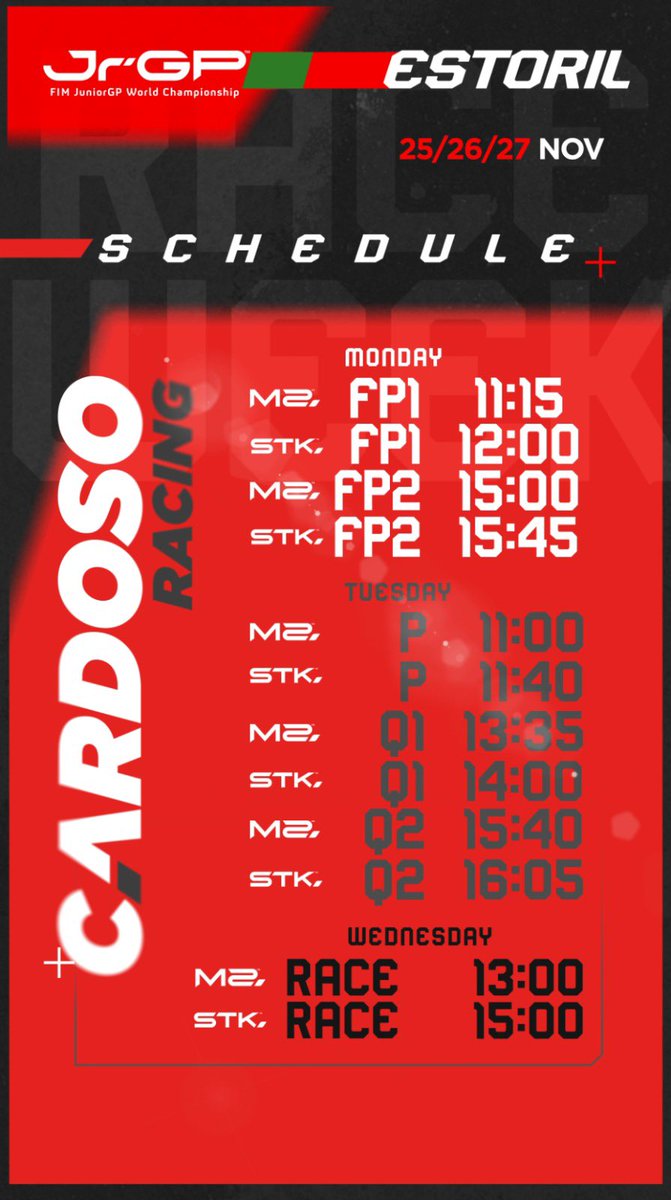 CardosoRacing's tweet photo. ⏰ Schedule - Round 7 Estoril 

#CardosoRacing #JuniorGP https://t.co/0K90qKzpYm
