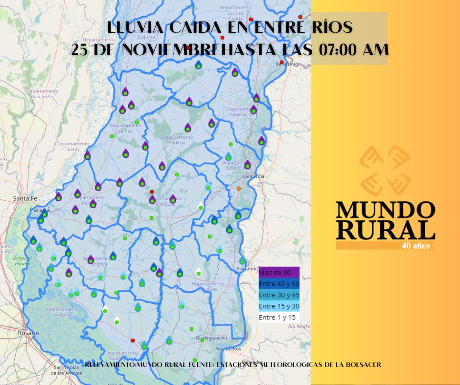 Algunos de los mayores registros  de #lluvia caída en Entre Ríos hasta las 07:00 de la mañana de hoy lunes.
