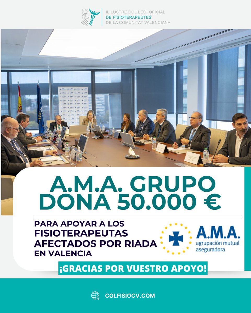 Icofcv's tweet photo. Desde el #ICOFCV agradecemos a A.M.A. Grupo su generosa donación de 50.000 €, un gran apoyo para nuestros colegiados afectados por las inundaciones. Gracias por estar siempre con los profesionales sanitarios. 💙
https://t.co/QLyB30utXF https://t.co/oolU68vHDq