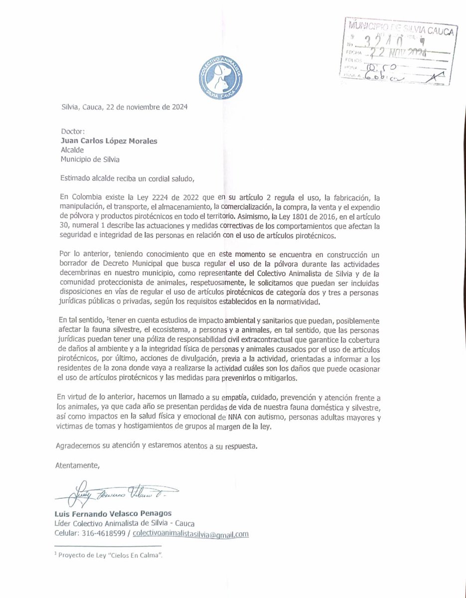 Radicamos desde el <a href="/CAnimalistaS/">Colectivo Animalista Silvia Cauca</a> petición al Alcalde de #Silvia <a href="/DepCauca/">Cauca</a> <a href="/GobCauca/">Gobernación del Cauca</a> <a href="/OctavioGuzmanGu/">OCTAVIO GUZMÁN</a> para que tenga presente a los animales en el decreto de las festividades <a href="/AnimalistaCauca/">Animalistas Cauca</a>
<a href="/andreanimalidad/">Andrea Padilla Villarraga🐆</a>
<a href="/PoliciaColombia/">Policía de Colombia</a>
facebook.com/share/p/17sR24…
