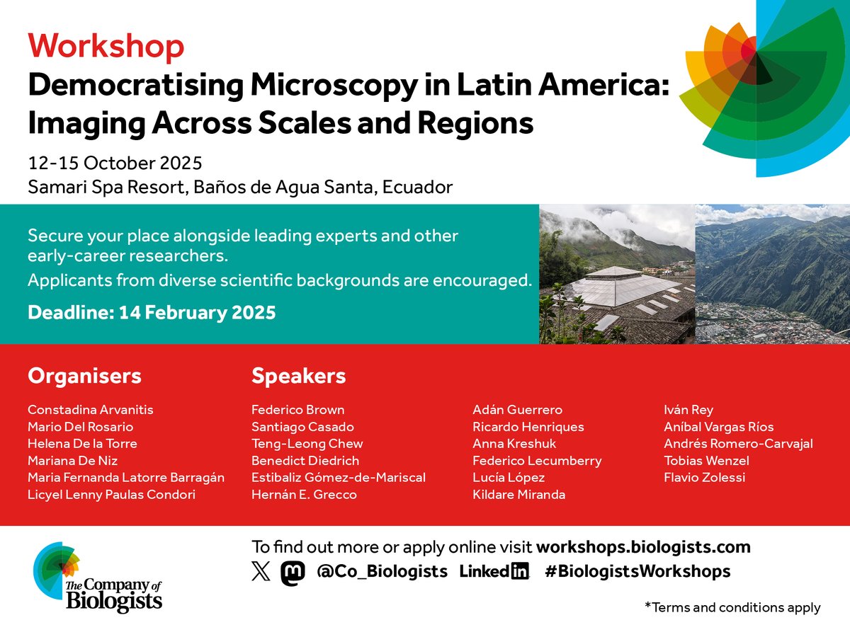 The Company of Biologists (@co_biologists) on Twitter photo Early-career researchers can now apply for a funded place at our Workshop 'Democratising Microscopy in Latin America: Imaging Across Scales and Regions' taking place in Ecuador in Oct 2025. Find out more at biologists.com/workshops/glob…
@mariana_deniz <a href="/_mariod/">Mario Del Rosario</a> <a href="/licyel/">Licyel Paulas</a> <a href="/FZolessi/">Flavio Zolessi</a> Early-career researchers can now apply for a funded place at our Workshop 'Democratising Microscopy in Latin America: Imaging Across Scales and Regions' taking place in Ecuador in Oct 2025. Find out more at biologists.com/workshops/glob…
@mariana_deniz <a href="/_mariod/">Mario Del Rosario</a> <a href="/licyel/">Licyel Paulas</a> <a href="/FZolessi/">Flavio Zolessi</a>