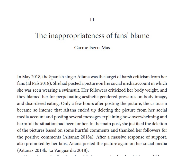 isernmas's tweet photo. 🙋‍♀️I contributed to this book too with the paper "The inappropriateness of fans’ blame". Using Spanish singer Aitana’s case, I show how fans’ blame can expose latent prejudices, like misogyny.

Many thanks to Roy Galán &amp; @AlfredArcher2 for discussion and inspiration. https://t.co/ed30ztU80Y