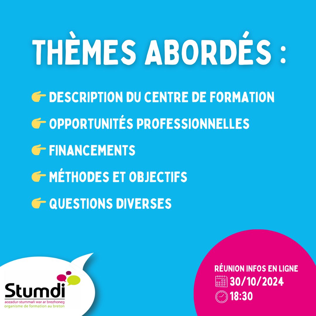 📢DEMAIN !  26/11
💻RÉUNION D'INFORMATIONS EN LIGNE

LE BRETON EN 6 MOIS | POUR DEBUTANT·E·S
Prochaine session : janvier→Juillet 2025 (dernière ligne droite !)

📅 Mardi 26/11/2024
⏰ 18h30
📌En ligne
✍ Inscriptions ici : stumdi.bzh/reunion-dinfor…

#stumdi #breton #formation