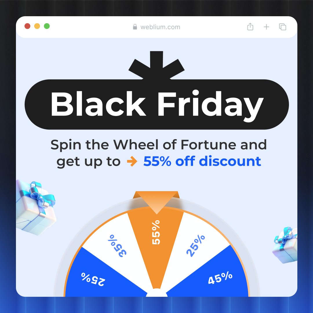 Black Friday on Weblium! Super prices for website development, which are just one click away 👉 weblium.com

🎡 Just spin our Wheel of Fortune in the admin panel and win a 25% to 55% discount on any Weblium annual subscription. Yes, everyone wins!
