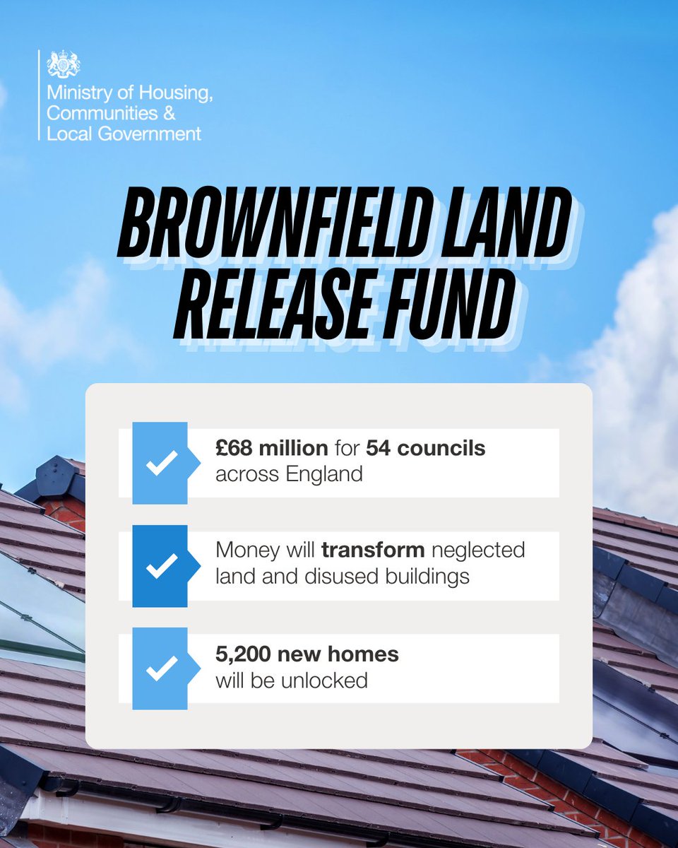 Ministry of Housing, Communities & Local Gov (@mhclg) on Twitter photo We are unlocking new homes across England with Β£68m for 54 councils across England to transform brownfield land ποΈ We are unlocking new homes across England with Β£68m for 54 councils across England to transform brownfield land ποΈ