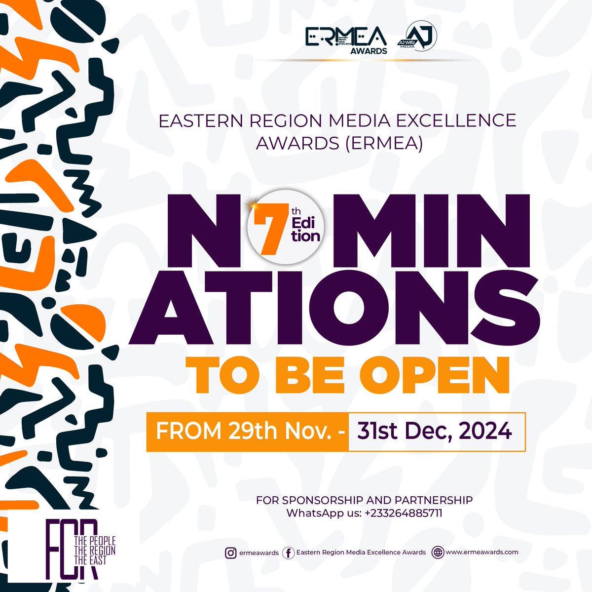 ermeawards's tweet photo. The Eastern Region Media Excellence Awards (ERMEA) is excited to announce that nominations for the 7th Edition will officially open on 29th November 2024!
We encourage all media personalities and media houses across the region to prepare and participate in this prestigious event. https://t.co/dGynicb9KO