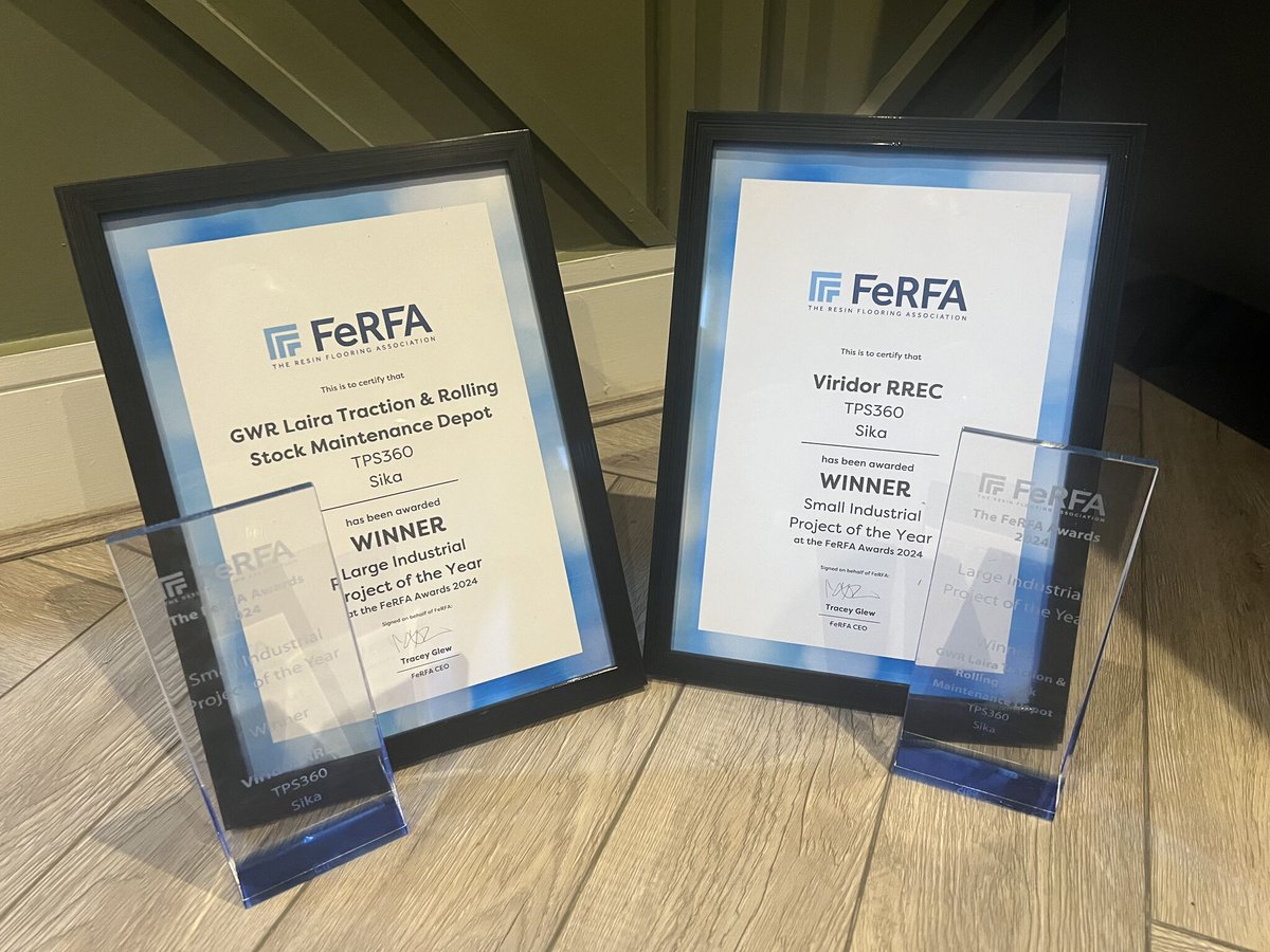 SikaLimited's tweet photo. Sika is proud to celebrate a double victory with TPS360 - Total Protective Solutions 360 at the annual FeRFA Awards. Taking home both the Small Industrial Project of the Year and Large Industrial Project of the Year! 🏆

#FeRFA #flooring #CommercialFlooring #FeRFAAwards https://t.co/3TsXjrgzaP