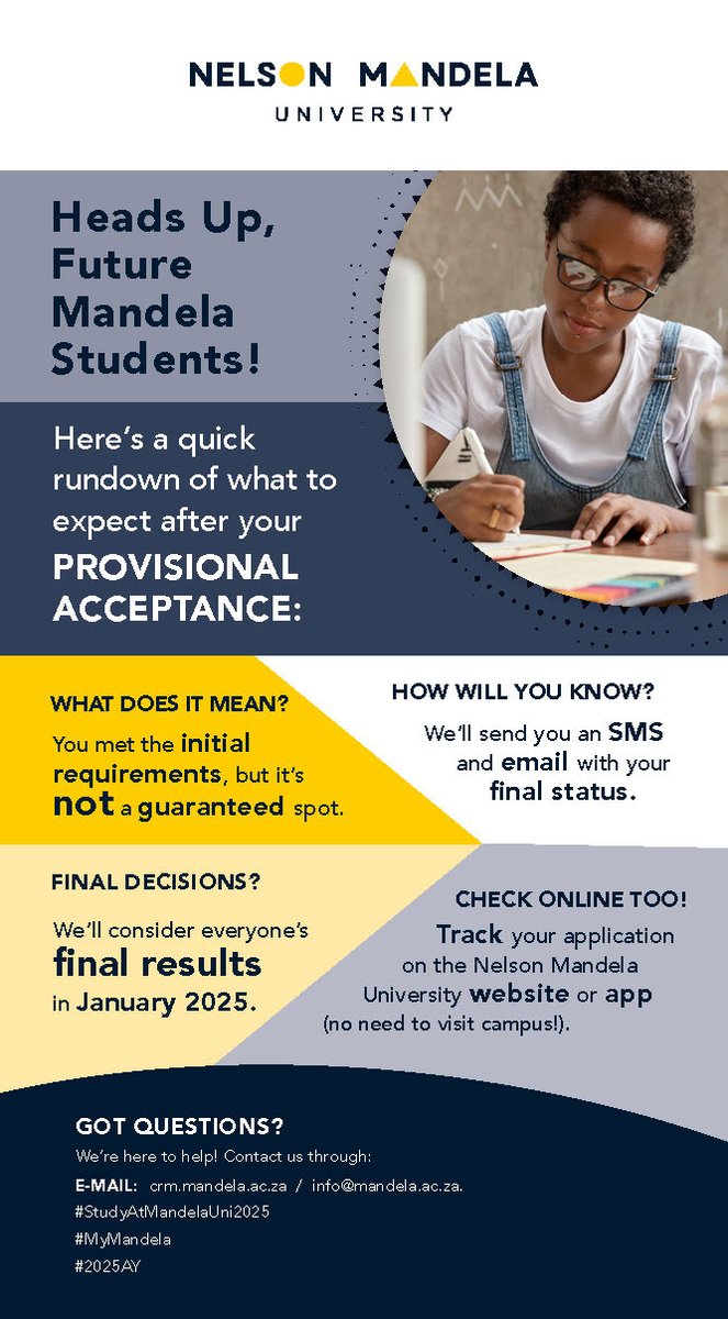 Calling all future First Years!

Received your provisional acceptance? Here's a quick guide to what comes next:  #StudyAtMandelaUni2025 #MyMandela #2025AY

mandela.ac.za/Study-at-Mande…