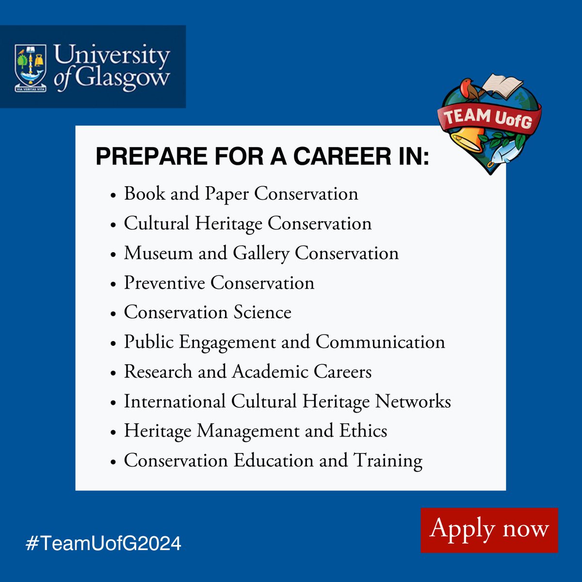 UofG Arts & Humanities (@uofgartshums) on Twitter photo Launch your career in cultural heritage with <a href="/UofGlasgow/">University of Glasgow</a>'s new MPhil in Book & Paper Conservation! 📜📚
Choose your specialism, gain hands-on experience, and access world-class facilities.
👉 Apply now: gla.ac.uk/postgraduate/t… Launch your career in cultural heritage with <a href="/UofGlasgow/">University of Glasgow</a>'s new MPhil in Book & Paper Conservation! 📜📚
Choose your specialism, gain hands-on experience, and access world-class facilities.
👉 Apply now: gla.ac.uk/postgraduate/t…