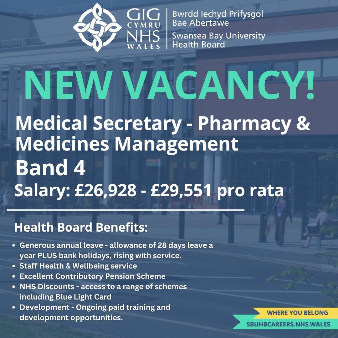 Another exciting opportunity to join our innovative Pharmacy team at Swansea Bay!

For more information and to apply, visit: sbuhbcareers.nhs.wales/admin-clerical…