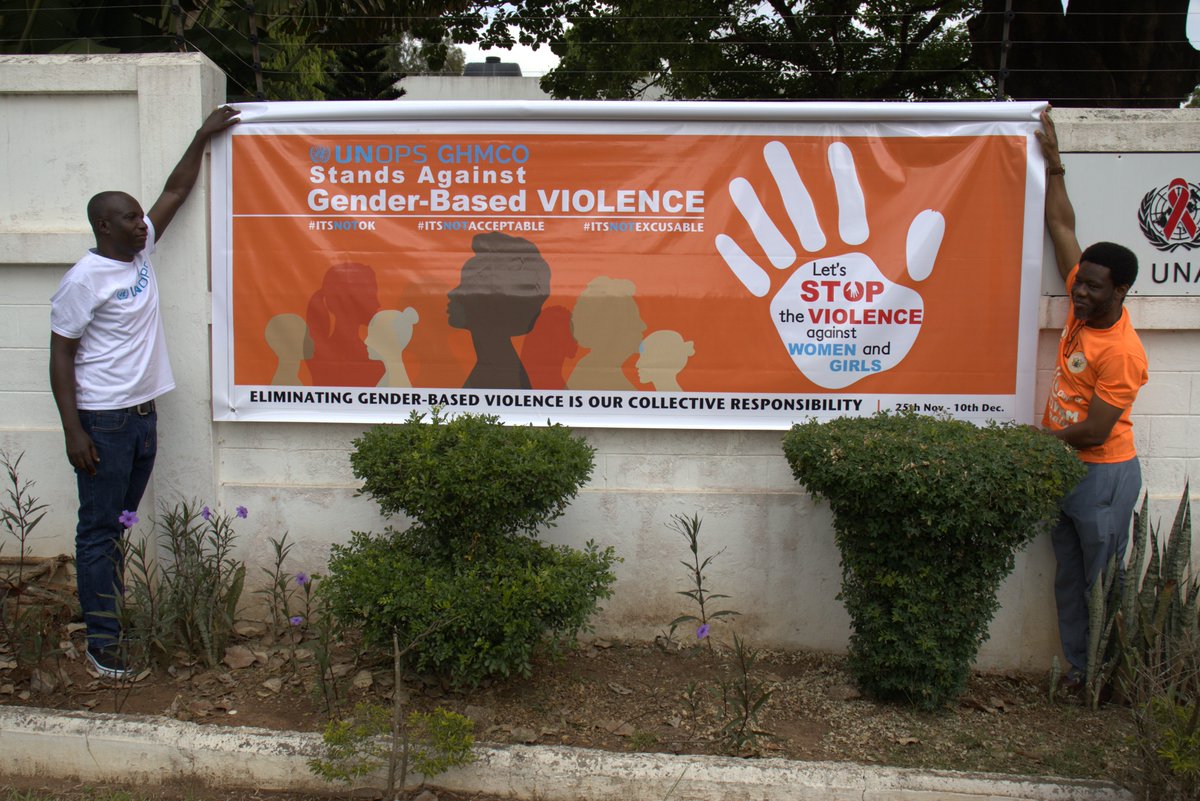 UNOPS_Ghana's tweet photo. In honor of the International Day for the Elimination of Violence against Women, we just unveiled a banner at our UNOPS office in Accra to highlight our commitment to fight GBV in all its forms and uphold the rights of women and girls, today and every day.

#16Days https://t.co/i9dRxlDrq7