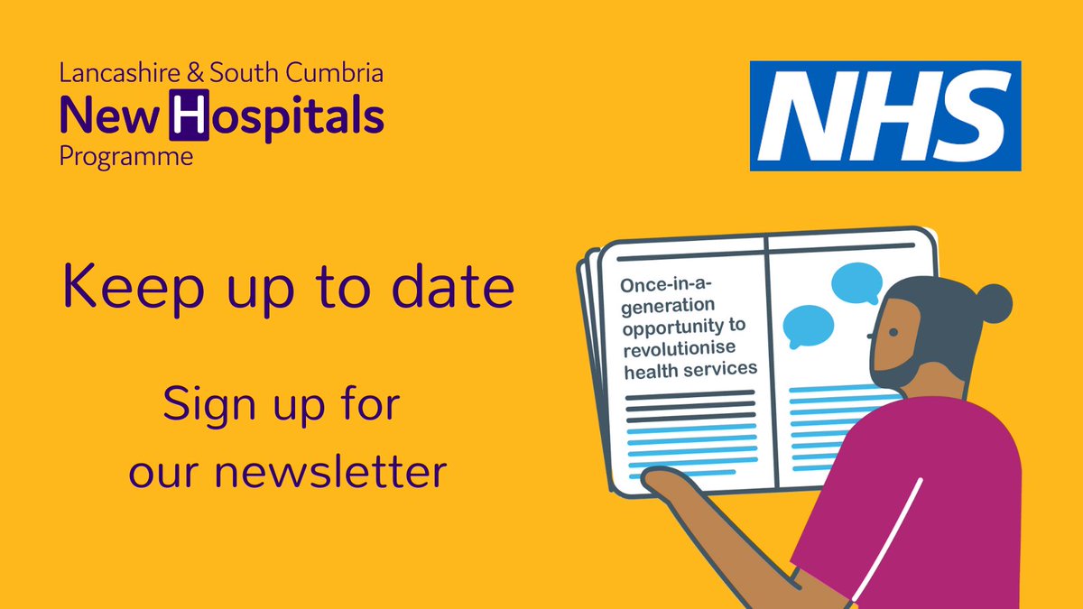 New Hospitals Programme LSC (@newhospitalslsc) on Twitter photo If you haven't already, now is a great time to sign up to our email newsletter. You'll be the first to hear about any news from the Lancashire and South Cumbria New Hospitals Programme.
Follow the link below:
newhospitals.info/get-involved/s…
<a href="/LancsHospitals/">Chorley & Royal Preston</a> <a href="/UHMBT/">MorecambeBayNHSTrust</a> <a href="/LSCICB/">Lancashire and South Cumbria ICB</a> If you haven't already, now is a great time to sign up to our email newsletter. You'll be the first to hear about any news from the Lancashire and South Cumbria New Hospitals Programme.
Follow the link below:
newhospitals.info/get-involved/s…
<a href="/LancsHospitals/">Chorley & Royal Preston</a> <a href="/UHMBT/">MorecambeBayNHSTrust</a> <a href="/LSCICB/">Lancashire and South Cumbria ICB</a>