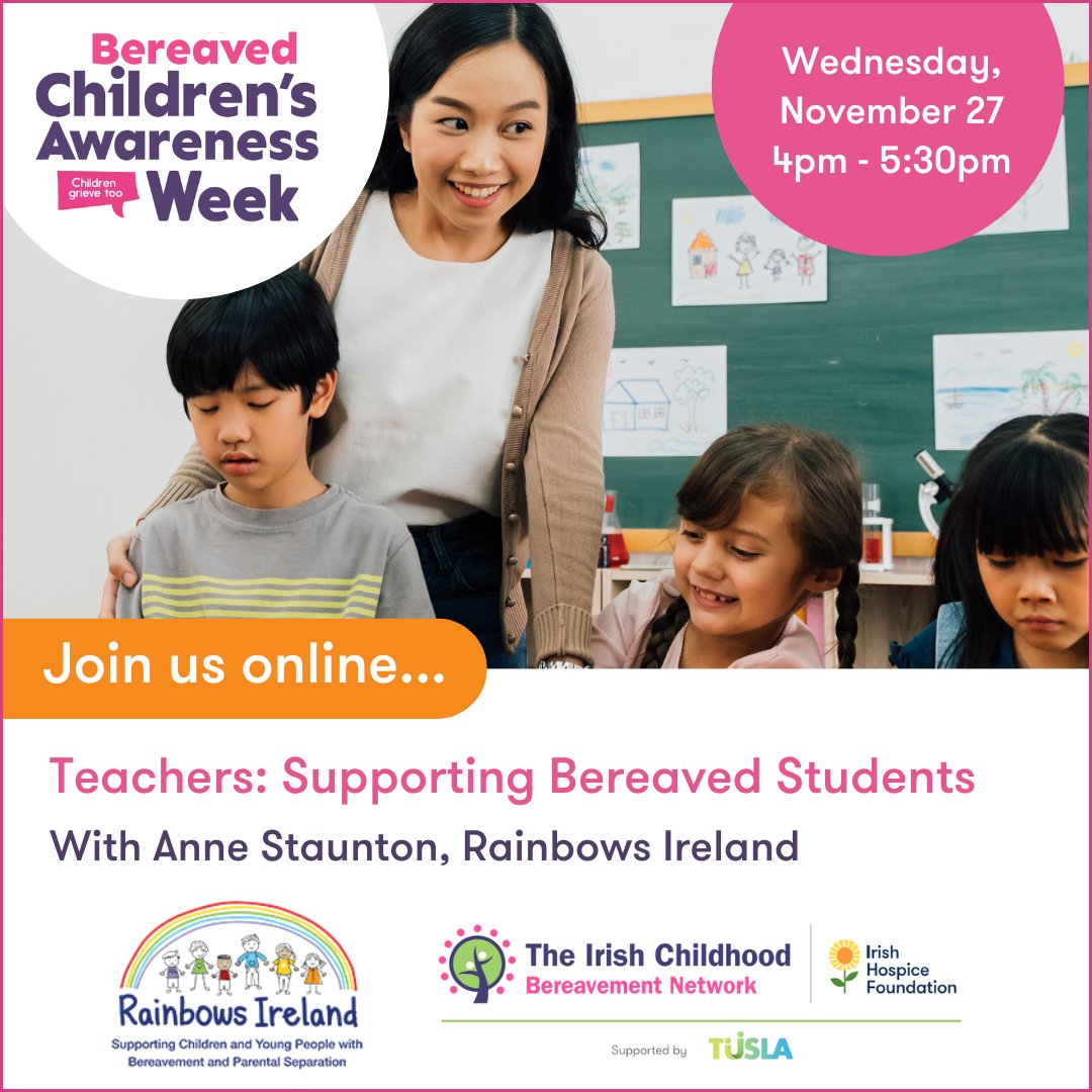 If you're supporting a bereaved child, we invite you to join our three Bereaved Children's Awareness Week online events this Tuesday and Wednesday. Registration is free.

Register 👉 hospicefoundation.ie/our-supports-s…

#BCAW2024 #BCAW #BereavedChildrensAwarenessWeek #ChildrenGrieveToo