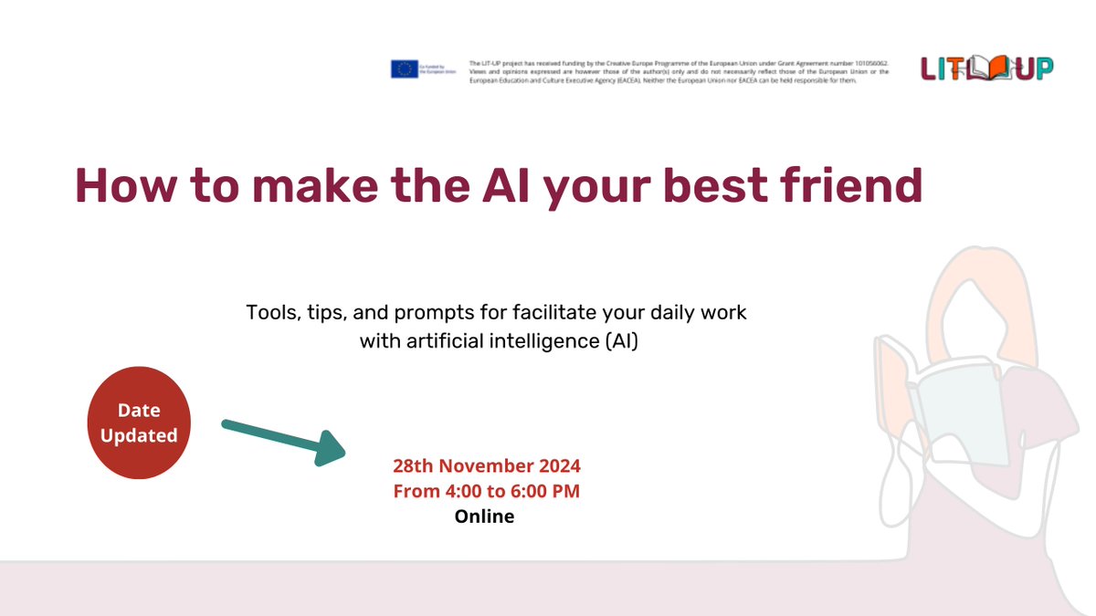 LITUP_EU's tweet photo. AI is here to stay 🤖. Why not use it to empower less-used language literature? 🌐 Learn how with state-of-the-art tools &amp; prompts at our webinar on 𝗡𝗼𝘃 𝟮𝟴𝘁𝗵, 𝟰–𝟲 𝗣𝗠 𝗖𝗘𝗧. 

📝 Register now: https://t.co/EE0nylSAYi
📅 Already registered? You’re good to go! https://t.co/9CYooMpkDU