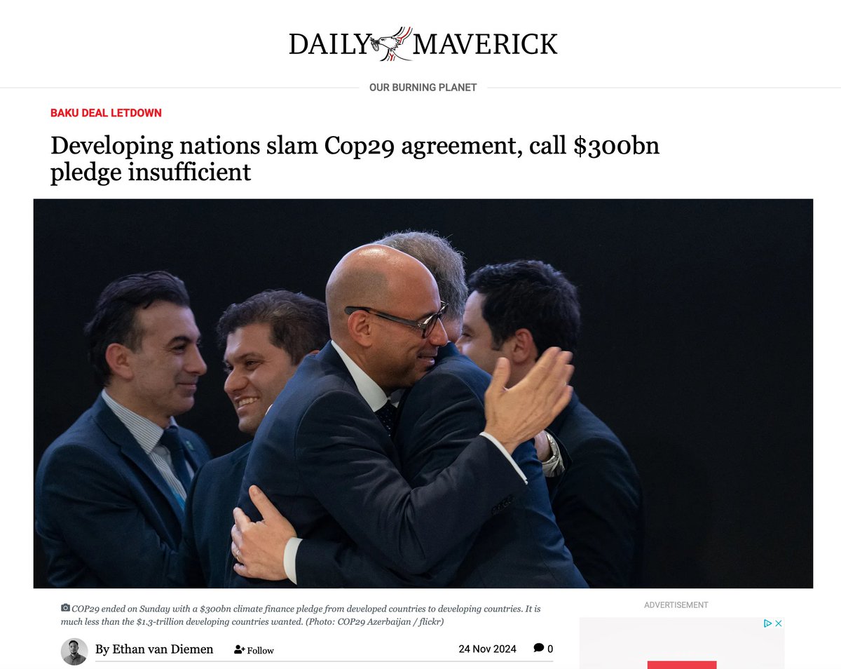 “#COP29 $300-billion deal is weak &amp; inadequate to address mounting #climatecrisis threats on millions of lives” <a href="/JessicaBeagley/">Jess Beagley</a> 
“US &amp; other developed countries failed to meet their responsibilities under #ParisAgreement" <a href="/JeniMiller/">JeniMiller</a> dailymaverick.co.za/article/2024-1… by <a href="/EthanVanDiemen/">Ethan van Diemen 🇿🇦</a>