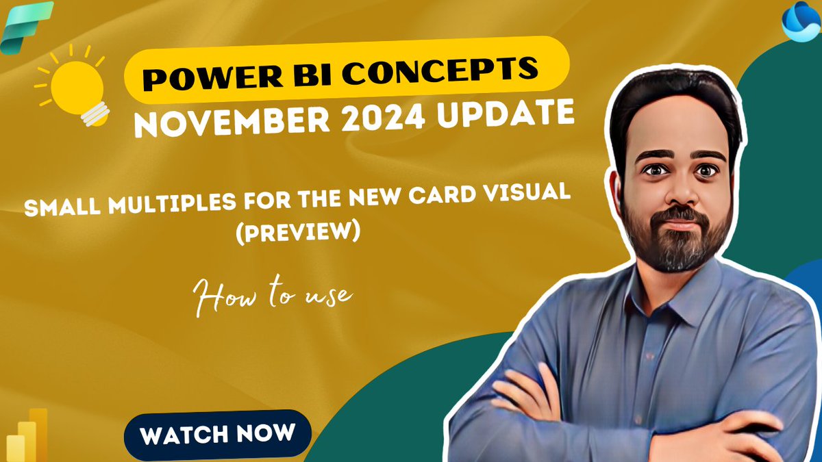 amitchandak78's tweet image. Power BI November 2024: Small Multiples in Card Visual (Preview) Explained:
youtube.com/watch?v=6VMOU-…
#PowerBI #Visualcalculations: #DAX #powerquery #AmitChandakDA #businessintelligence #powerplatform #bi #powerbidesktop #datatodiscovery #powerbitutorial