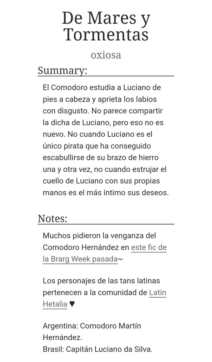 oxiosa_'s tweet photo. 🇧🇷💕🇦🇷 #brargweek2024 - Día 2
🏴☠️ De Mares y Tormentas
Advertencias: 18+, el tipo de sabroso que podemos esperar de enemigos
Sinopsis: Luciano no es el único hombre vil y despiadado en esta celda.
https://t.co/LvQ8rlpFjB https://t.co/FdJjGdKgSZ