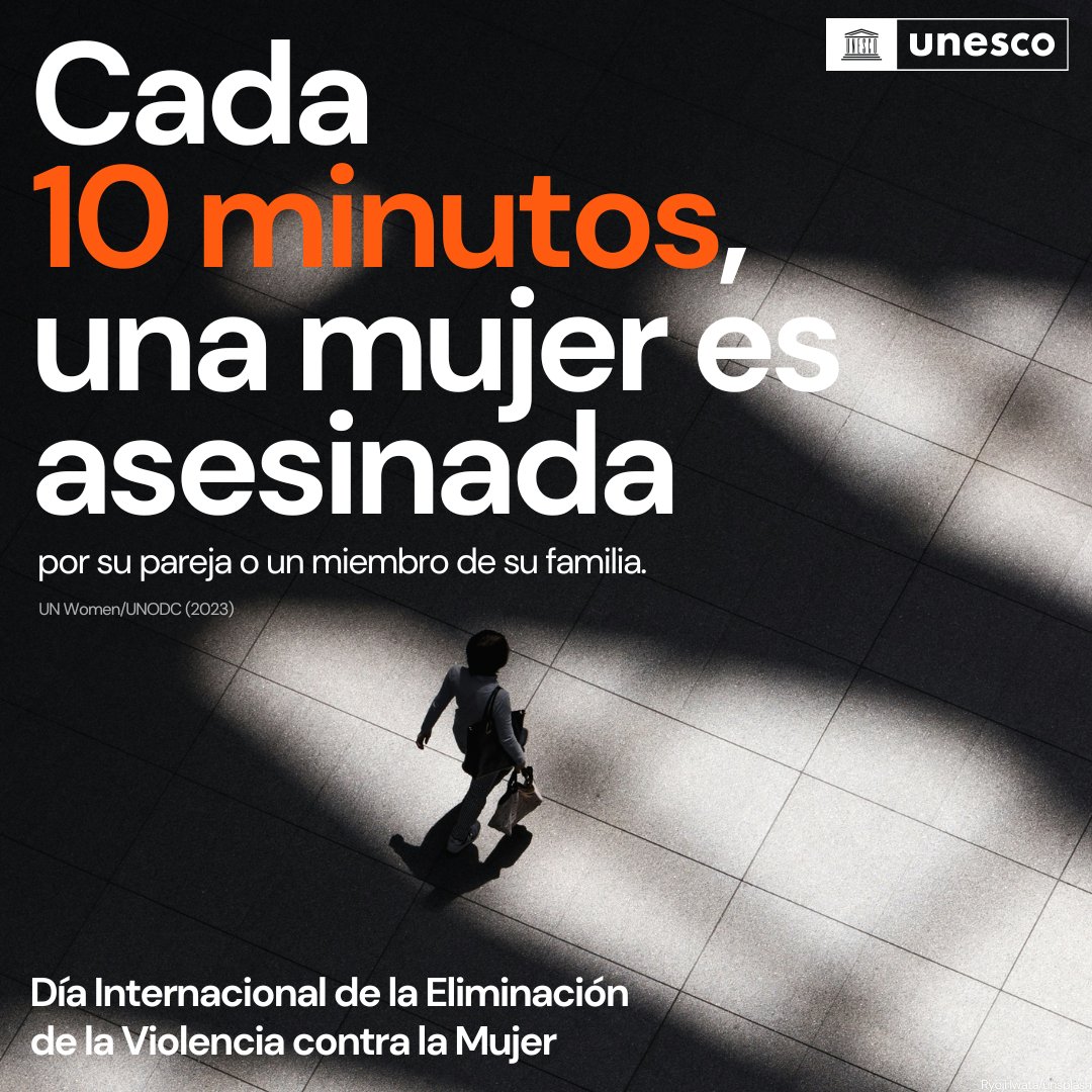 UNESCO_es's tweet image. Cada 10 minutos, una mujer es asesinada por su pareja o un miembro de su familia. Esto debe terminar ahora.

El 25 de noviembre es el Día Internacional para la Eliminación de la Violencia contra la Mujer.

🔗 unesco.org/es/days/elimin…