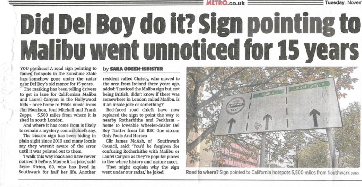 Turns out, for 15 years, Southwark had a secret shortcut to Malibu and Laurel Canyon! 🚗✈️ 

Why we didn't pick up on the misdirected sign for over a decade? 

Well, as I joked to <a href="/MetroUK/">Metro</a>: 'You’d be forgiven for confusing Rotherhithe with California...' 🌴