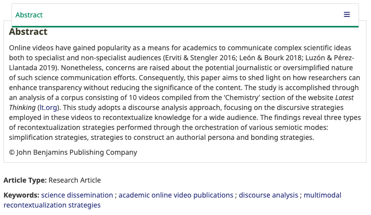 📢 New publication by a #GENCI member!

Marian Velilla (<a href="/MarianVeSa/">Marian</a>) has just published her latest research on "Recontextualizing knowledge in academic video publications" 📽️👩‍🔬👨‍🔬

Check it out to learn about new ways to disseminate your science! 🔗doi.org/10.1075/ps.231…