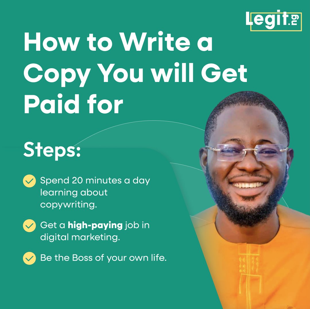 legitngnews's tweet photo. Turn your words into income. Learn the secrets to writing copy that sells and gets you paid with https://t.co/RdjhnspzhZ copywriting course. Register here - https://t.co/bqc6JxsKZd
#legitng #legitnews #copywritingcourse https://t.co/azi6KrtihO