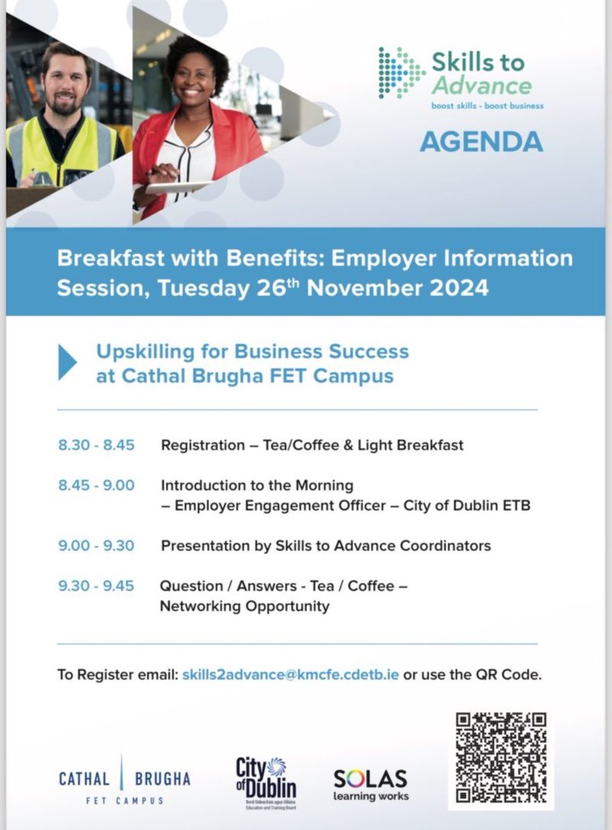 CathalBrughaFET's tweet image. For employers interested in FULLY FUNDED EMPLOYEE TRAINING tomorrows breakfast briefing is a must ‼️ email skills2advance@kmcfe.cdetb.ie to reserve your slot now and spread the word! #SkillsToAdvance