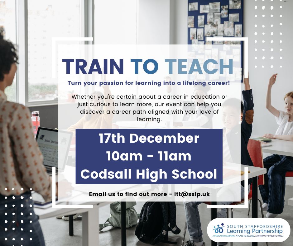 Turn your passion for learning into a lifelong career! 

Come along to our Train to Teach event and meet local experts and together explore a range of course options, find out how to apply and finance your studies. 
 
We hope to see you there!