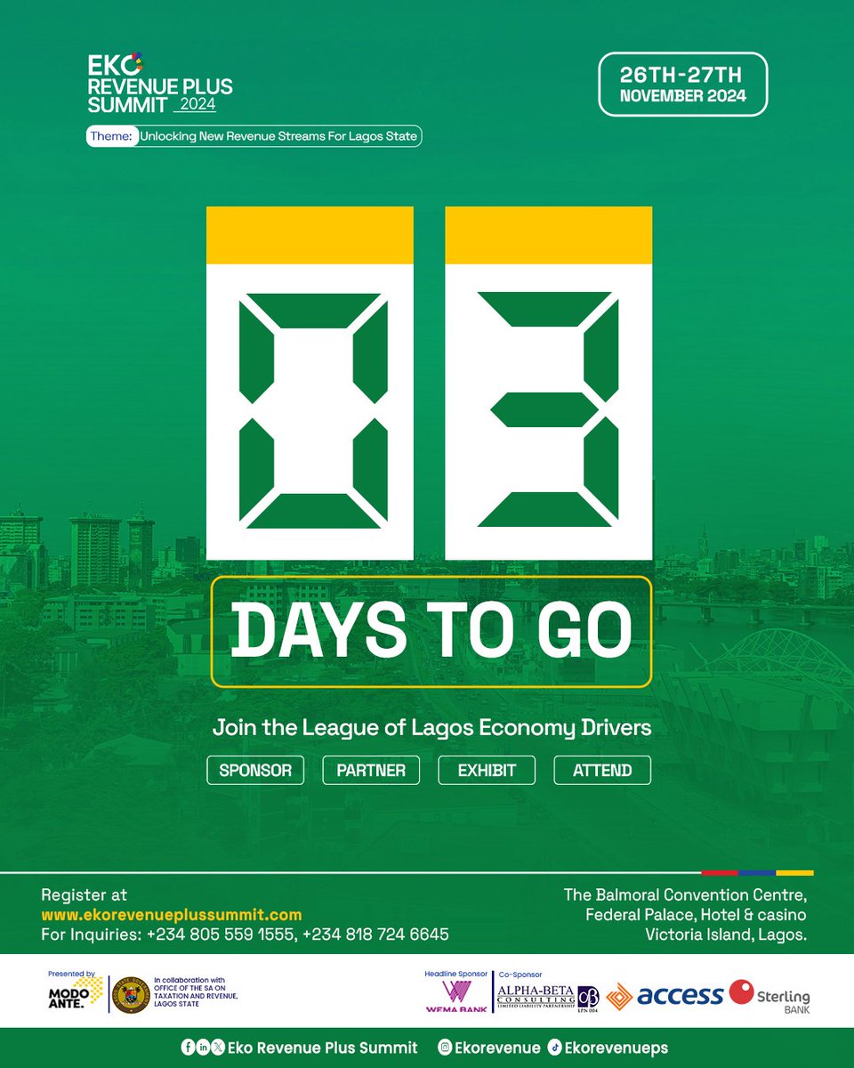 3 DAYS LEFT!

 The Eko Revenue Plus Summit 2024 kicks off soon.
 Nov 26–27 | 📍 Balmoral Convention Center, Federal Palace Hotel, VI
 Topics: Property, Digital Economy, Energy &amp; more.
 Seats are running out fast!

 Don’t wait—register now: ekorevenuplussummit.com

Be part of