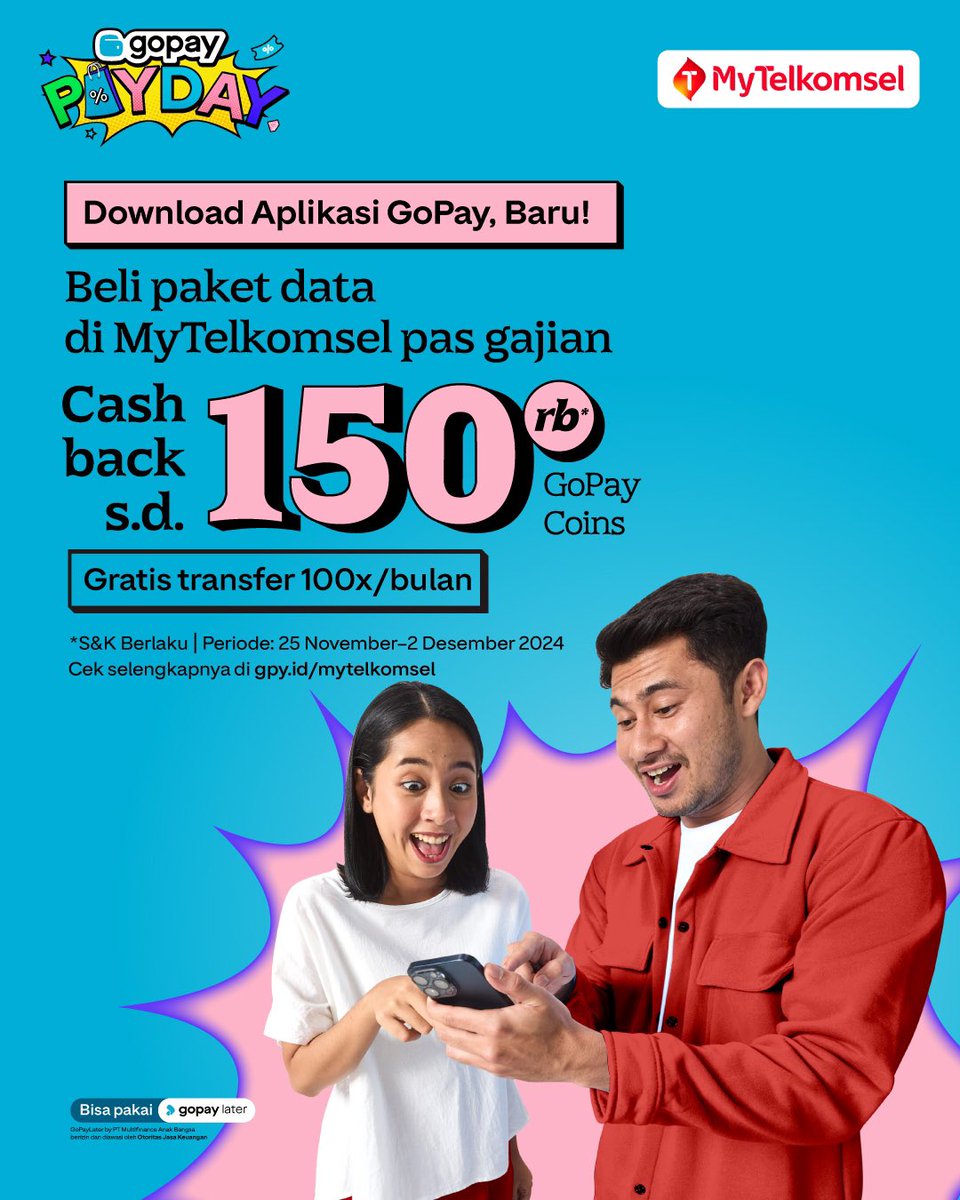 gopayindonesia's tweet photo. Gajian jadi lebih seru dengan #GOPAYPAYDAY! 🎉

Ada CASHBACK hingga Rp150 RIBU yang bisa kamu dapetin untuk beli paket data di mana-mana lebih hemat pake aplikasi GoPay.

Syarat dan ketentuan berlaku. Cek info lengkapnya di https://t.co/mTK36VE1Lc https://t.co/0lLTQwp7sx