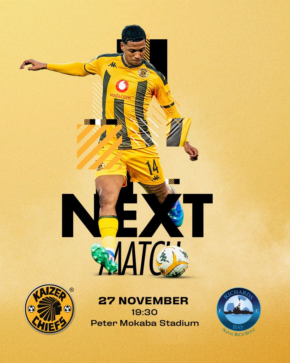 KaizerChiefs's tweet photo. Next Kaizer Chiefs Match!

🏆#BetwayPrem
⚽️Kaizer Chiefs vs. Richards Bay FC
👕First Team 
🗓️Wednesday 27 November 2024
🏟New Peter Mokaba Stadium
🕞19h30
🎟R60: Computicket, Shoprite: https://t.co/nSBHeT3ji1
📺SuperSport 202 
📢Please come early!

#Amakhosi4Life #AlwaysHome https://t.co/O8ak3trBFu