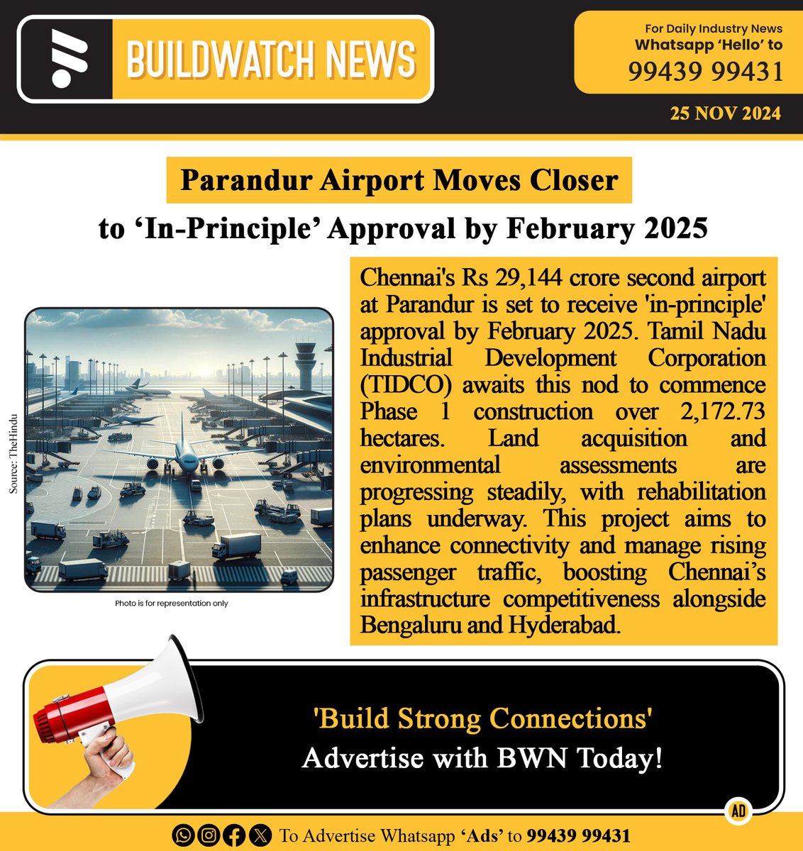 BuildWatchNEWS's tweet photo. Parandur Airport Moves Closer to ‘In-Principle’ Approval by February 2025

🔗 Read More : [https://t.co/bvymfCkrvb]

#BuildWatchNews #ChennaiAirport #ParandurProject  #RealEstateBoost #PassengerTraffic #TamilNaduGrowth #AviationUpdates #NewAirport #BWNAirport #Chennai #Parandur https://t.co/2rdryZSOS7