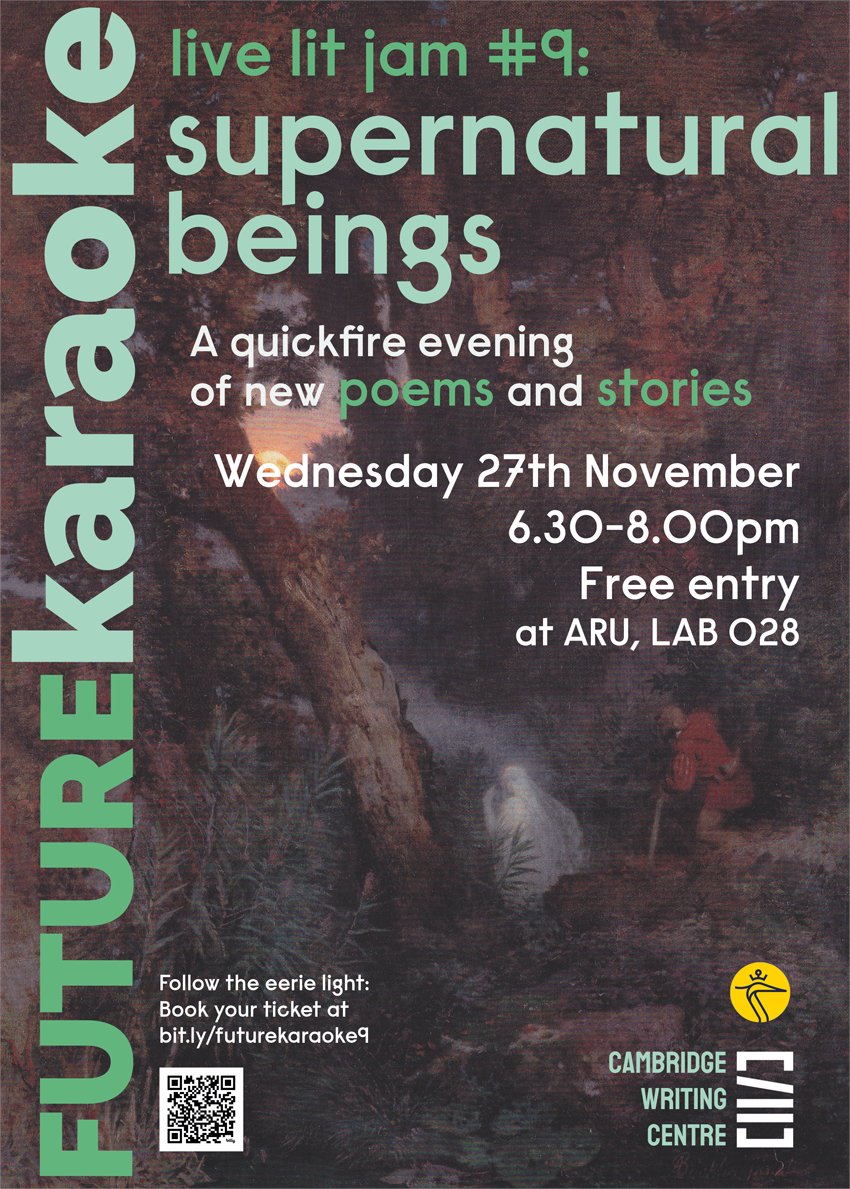 This coming Wednesday! Back-to-back book launch and Supernatural Beings night, from 5.30 at ARU. The beginning of a run of great literary get-togethers. You can even join us for Future Karaoke via Zoom:

eventbrite.co.uk/e/future-karao…